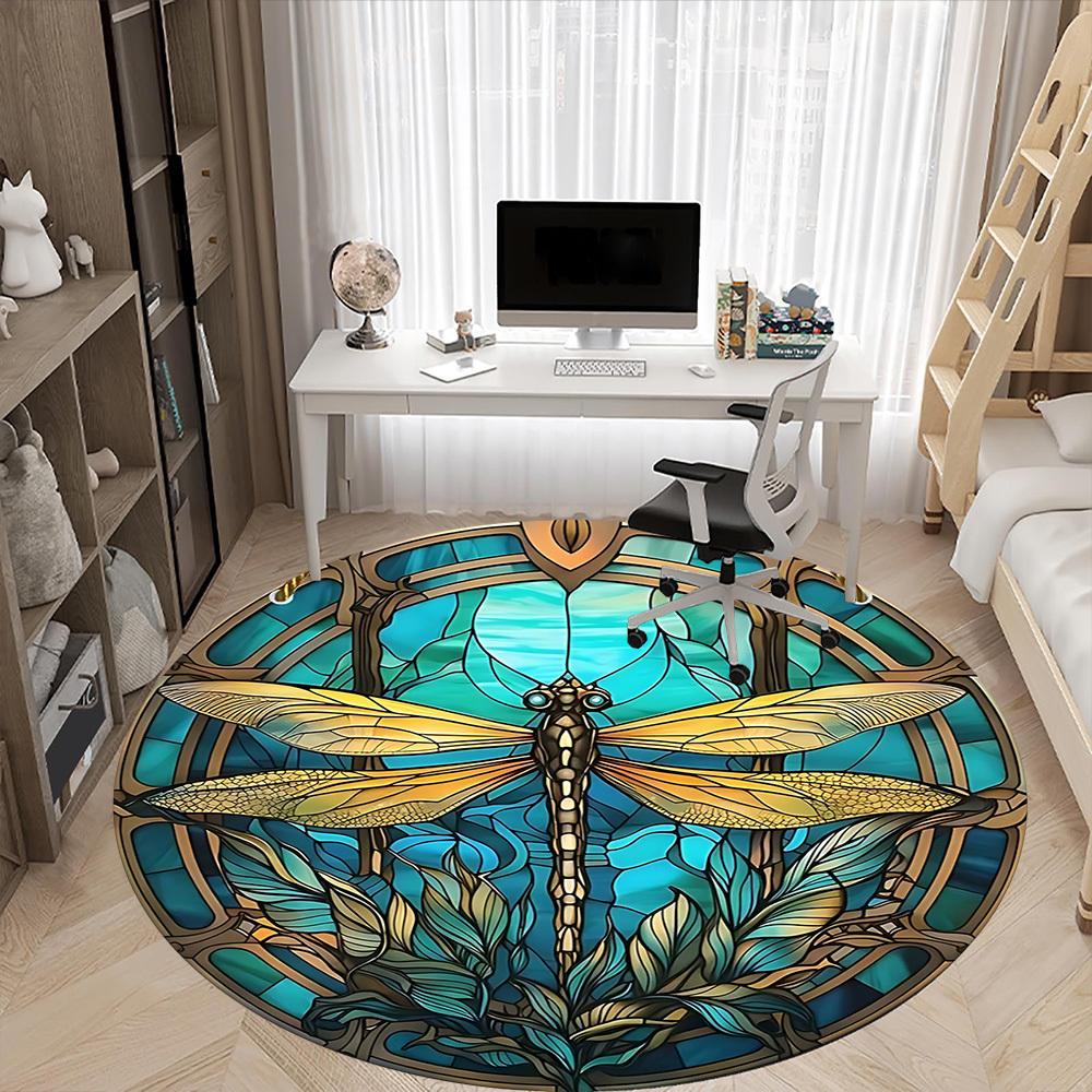 1PC Dragonfly StainedGlass Office Round Area Rug, Mat Suitable ForOffice, Under Office Chairs Bedroom Living Room Home Decor, Room Deco