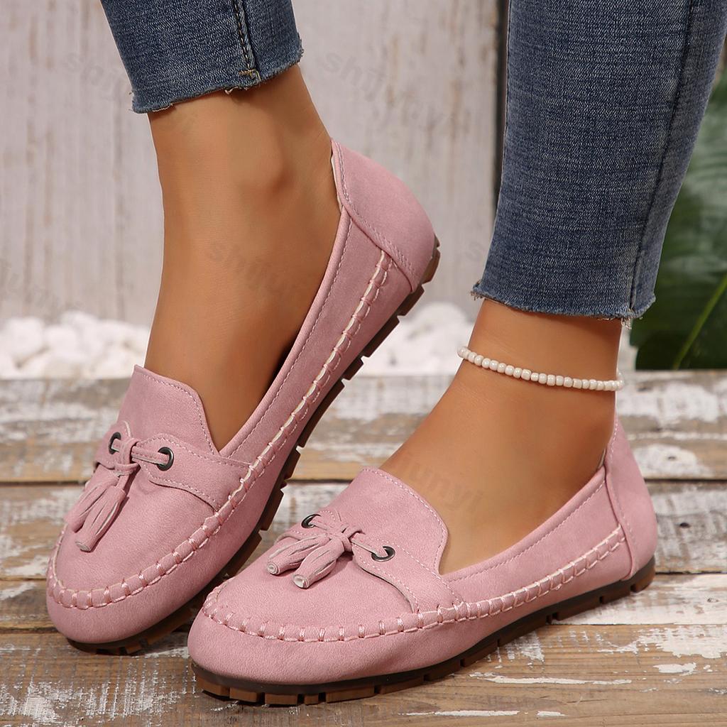 Fashion Women's Loafers Leisure Flat Shoes 2025 Spring New Plus Size 43 Round Toe Tassel Solid Color Lightweight Anti Slip Walking Shoes