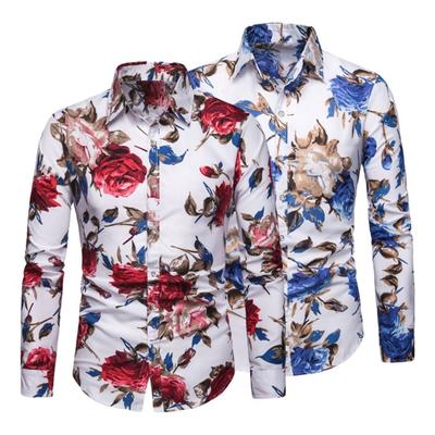 Camisa de hombre con cuello vuelto, botonadura sencilla, corte entallado, manga larga, botones, estampado de flores suaves y vivos