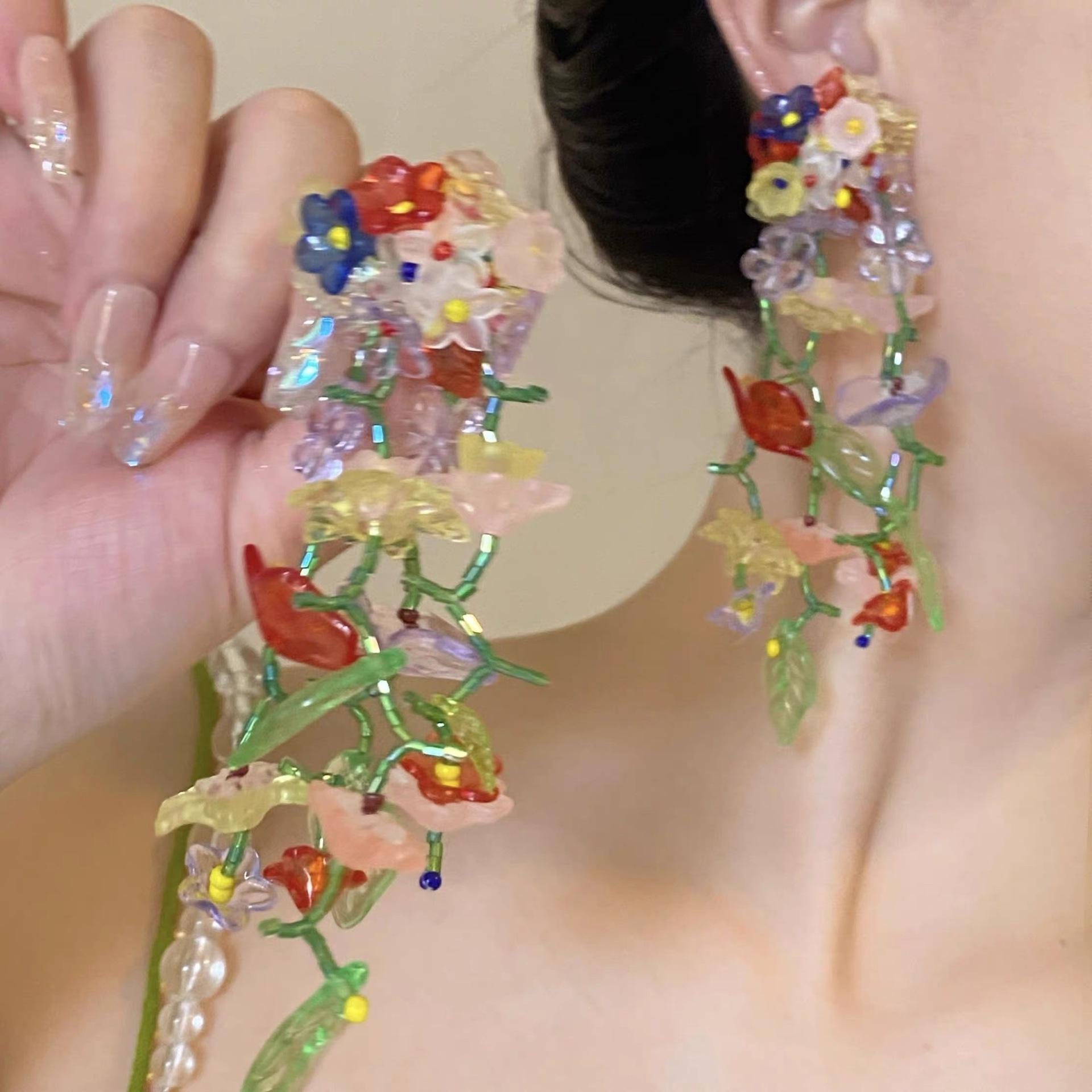 Summer vacation style colored flower beaded earrings women s niche design fringed unique stud earrings seaside exaggerated earrings