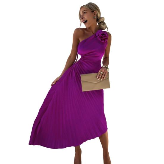 

Women Evening Dress One Shoulder Pleated Flower Decor Hollow Out Backless Sleeveless XL фіолетовий/червоний
