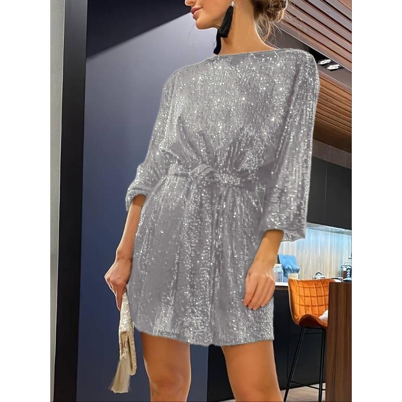 Women Sequins Round Neck Long Sleeve Casual Commute Bodycon Mini Dress