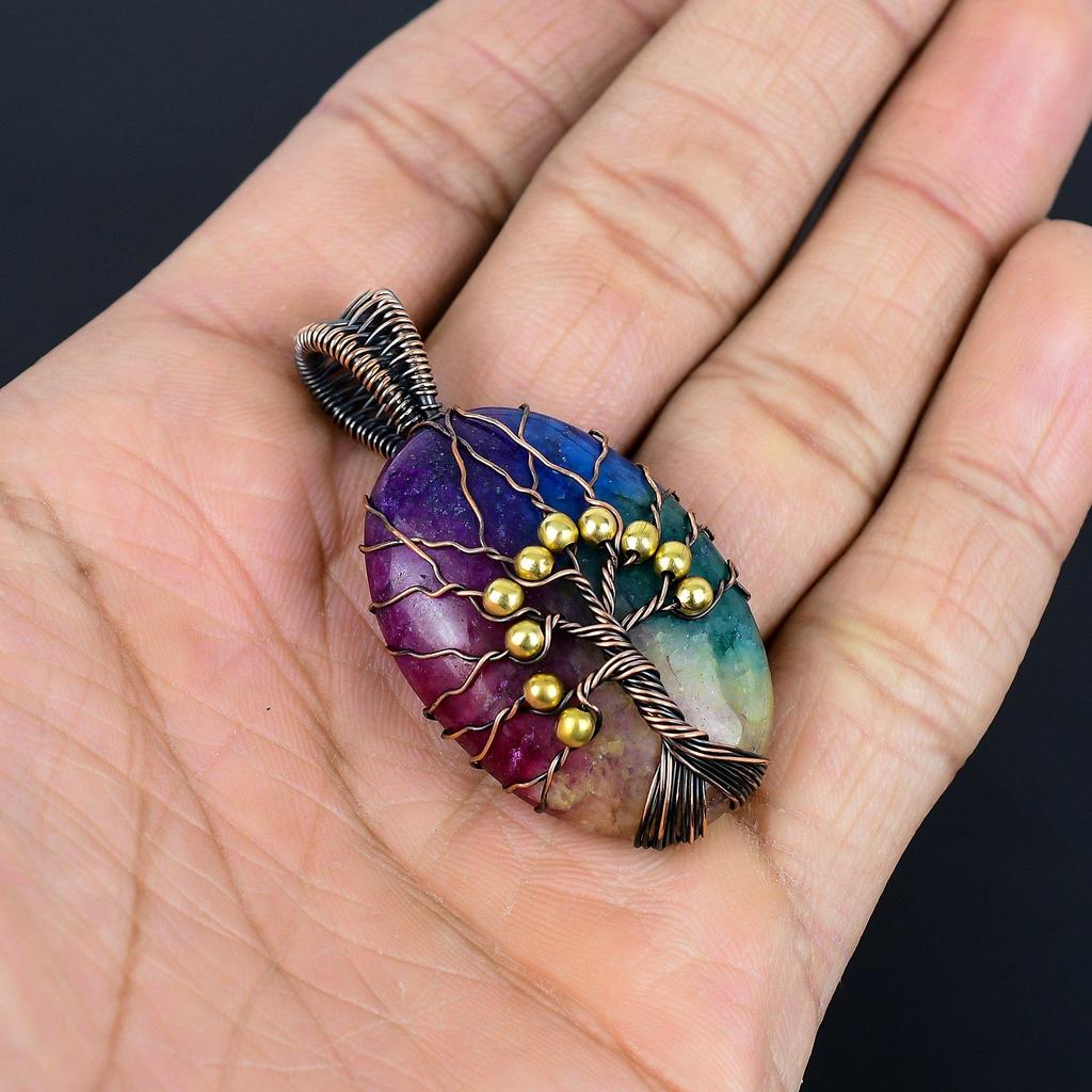 Tree Of Life Rainbow Solar Quartz Pendant, 999 Copper Wire Wrapped Pendant Gemstone Jewelry, Handmade Pendant Amazing Jewelry, Gift For Her