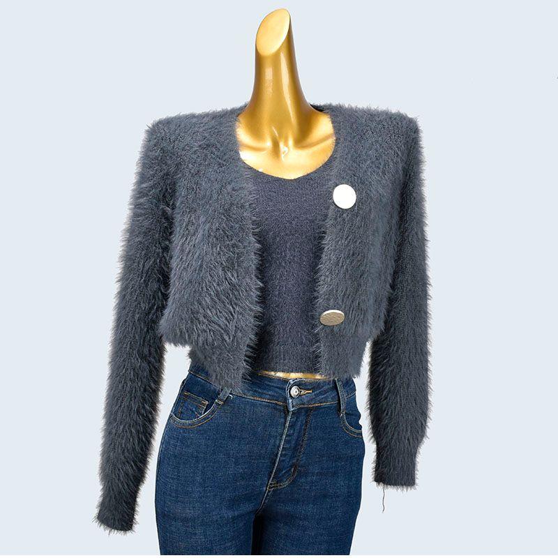 

Imitation Mink Sling Slim Fit Inner Wear Short Loose Long Sleeves Pure Color Cardigan Outwear Two-piece Set Women s Clothing Iron gray Two-piece set One size
