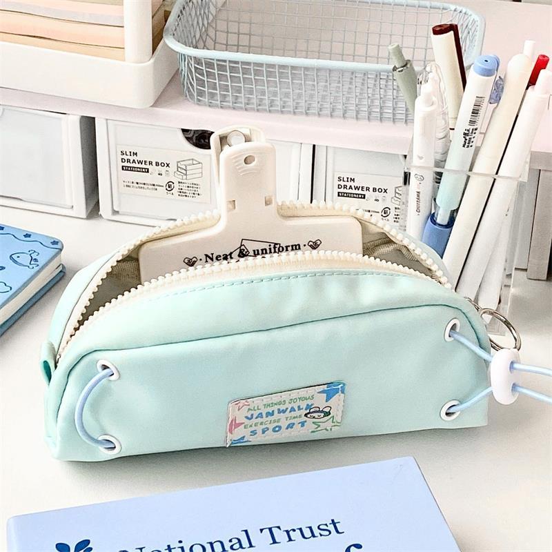 

Simple Blue Drawstring Pencil Case Zipper Large Capacity Portable Student Pen Bags Stationery Storage Bag School Supplies Gifts