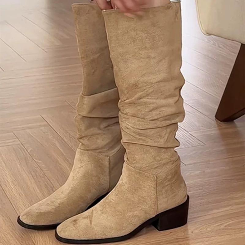 Wrinkled Boots Long Tall Boots Apricot Boots Autumn and Winter New Western Cowboy Boots Women's Boots Solid Color