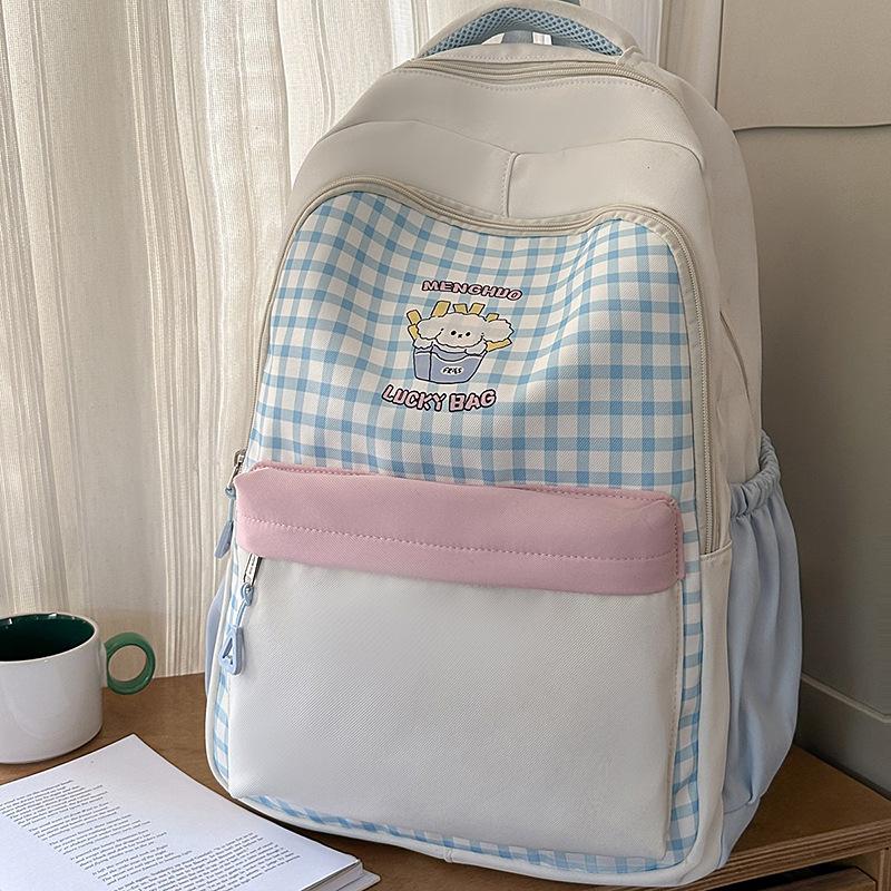 Schoolbag, Korean Style, Fashionable Middle and High School Student Backpack, Large Capacity Double Shoulder Bag for Girls, Fresh and Sweet Plaid
