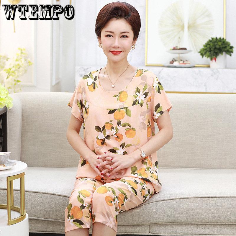WTEMPO Sommer Mutter Zwei-stück Set Große Größe Großmutter Kleidung Kurzen ärmeln T-shirt Hosen Set Home Wear