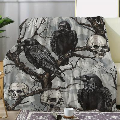 Halloween Skull Crow Flannel Blanket, Vintage Retro Style Soft Throw, Cozy Gift for Sofa Bed Camping, All Season Home Decor