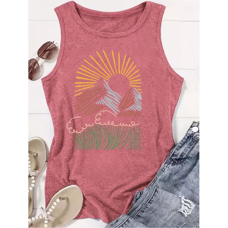 2026 New Abstract Line Mountain Sunrise Print Round Neck Women Sleeveless Tank Top Casual Versatile Comfort Summer Vest