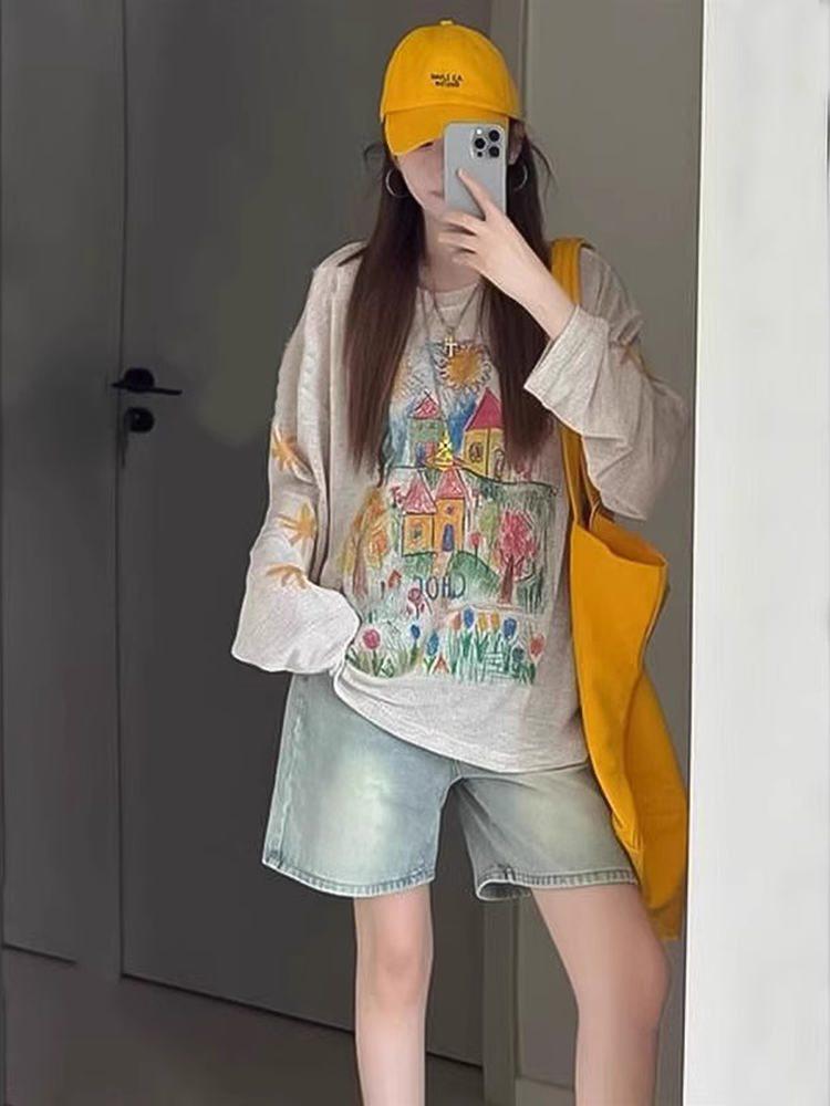 Women's Retro Graffiti Print Long Sleeve Summer Sunscreen Cover-Up Top