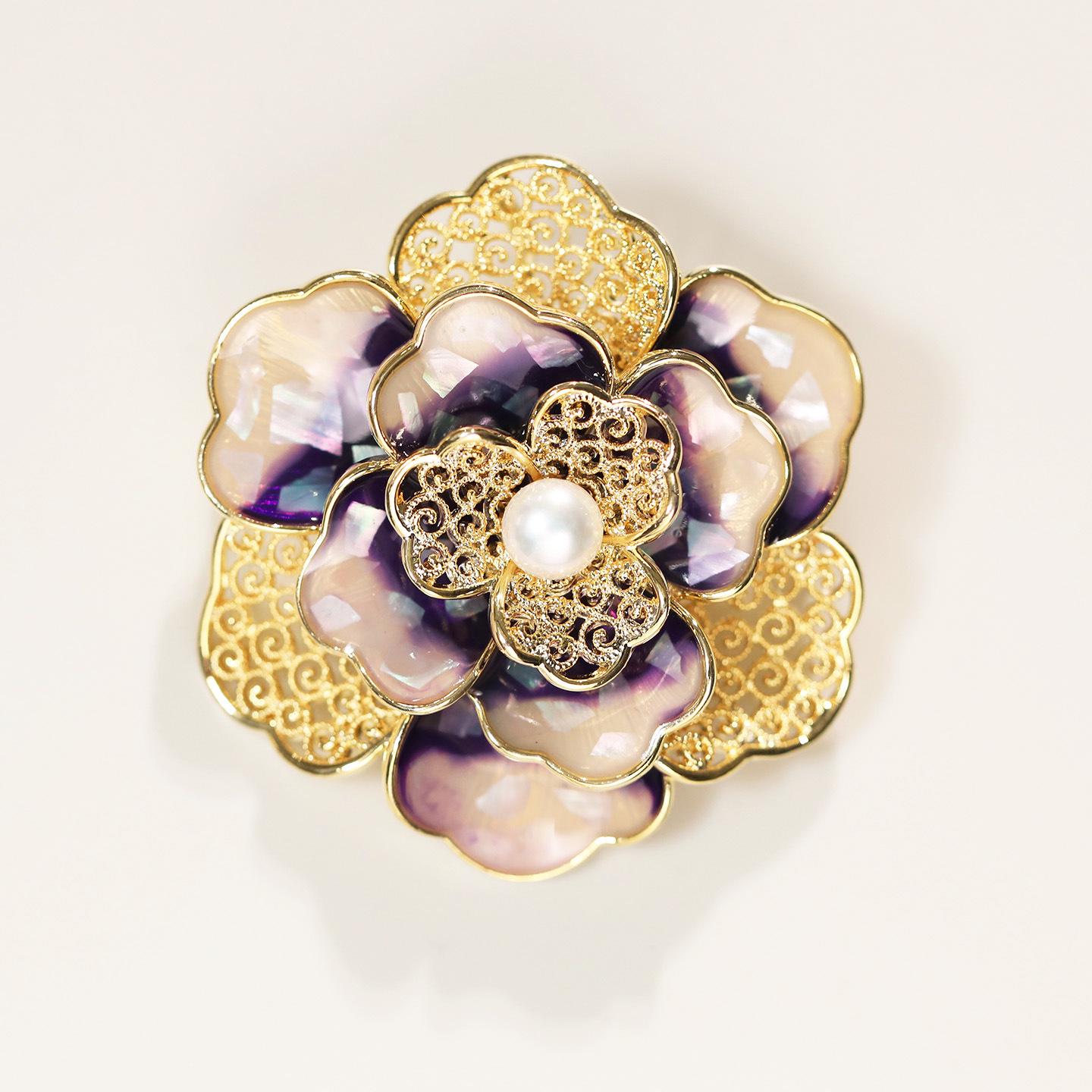 Retro Cloisonné Peony Brooch with Freshwater Pearl