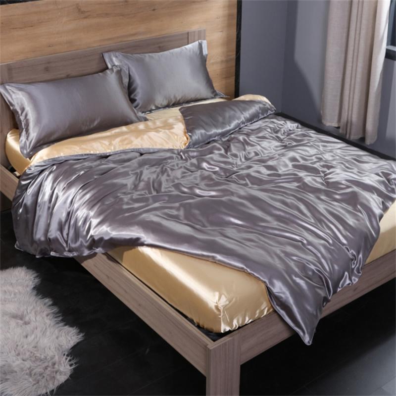 Luxury Mulberry Silk Bedding Set with Duvet Cover Fitted/Flat Bed Sheet Pillowcase Blending Silk Sheet Set Silky Satin Bedsheet