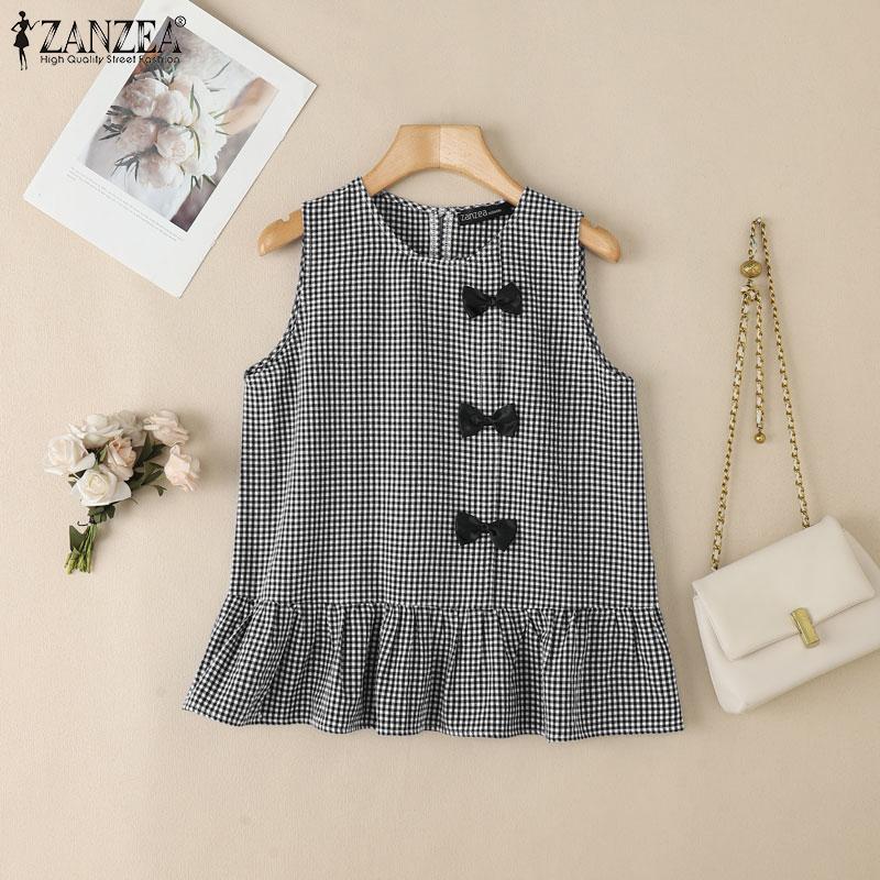 ZANZEA Womens Summer Round Neck Sleeveless Plaid Print Tank Tops