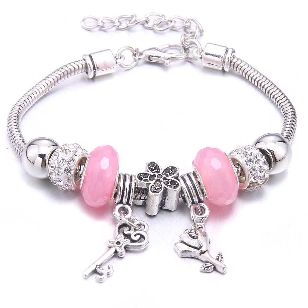 Pink Charm Bangle Lobster Buckle Snake Chain Beaded Bangles For Women Summer Romantic Gift Fashion Butterfly Bracelet Jewelry