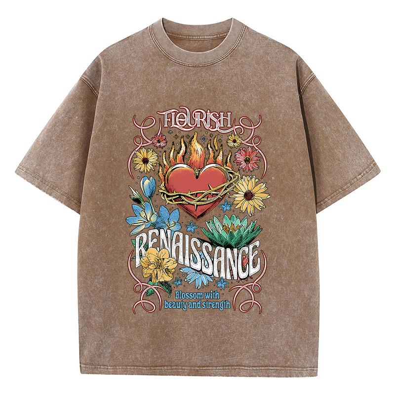 

Футболки женские из хлопка с кислотной стиркой, цветочные принты Flourish Renaissance, топы, большие состаренные футболки с круглым вырезом, одежда 3XL