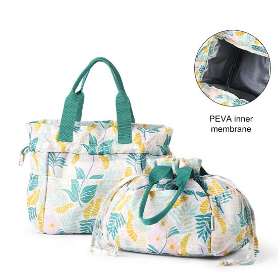 Insulated Lunch Bag Large Capacity Portable Office Beach Picnic Storage Bag Leak-proof Leaf Print Thermal Cooler Pouch Drawstring Handbag