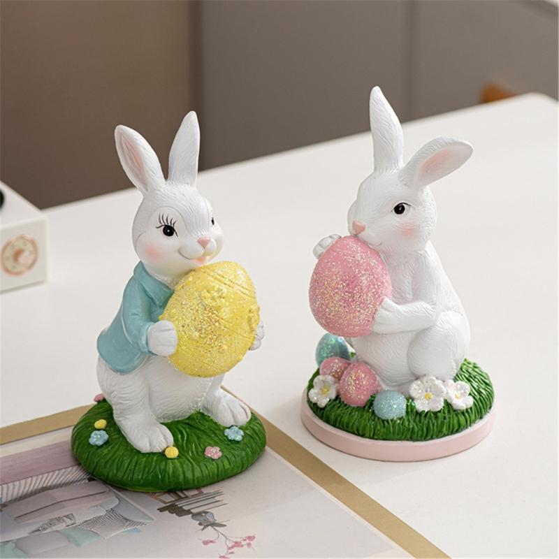 Handcrafts Resins Easters Bunnies Holding Eggs Decoration Cute Rabbit Figurine with Lawn Base for Home and Office Decors