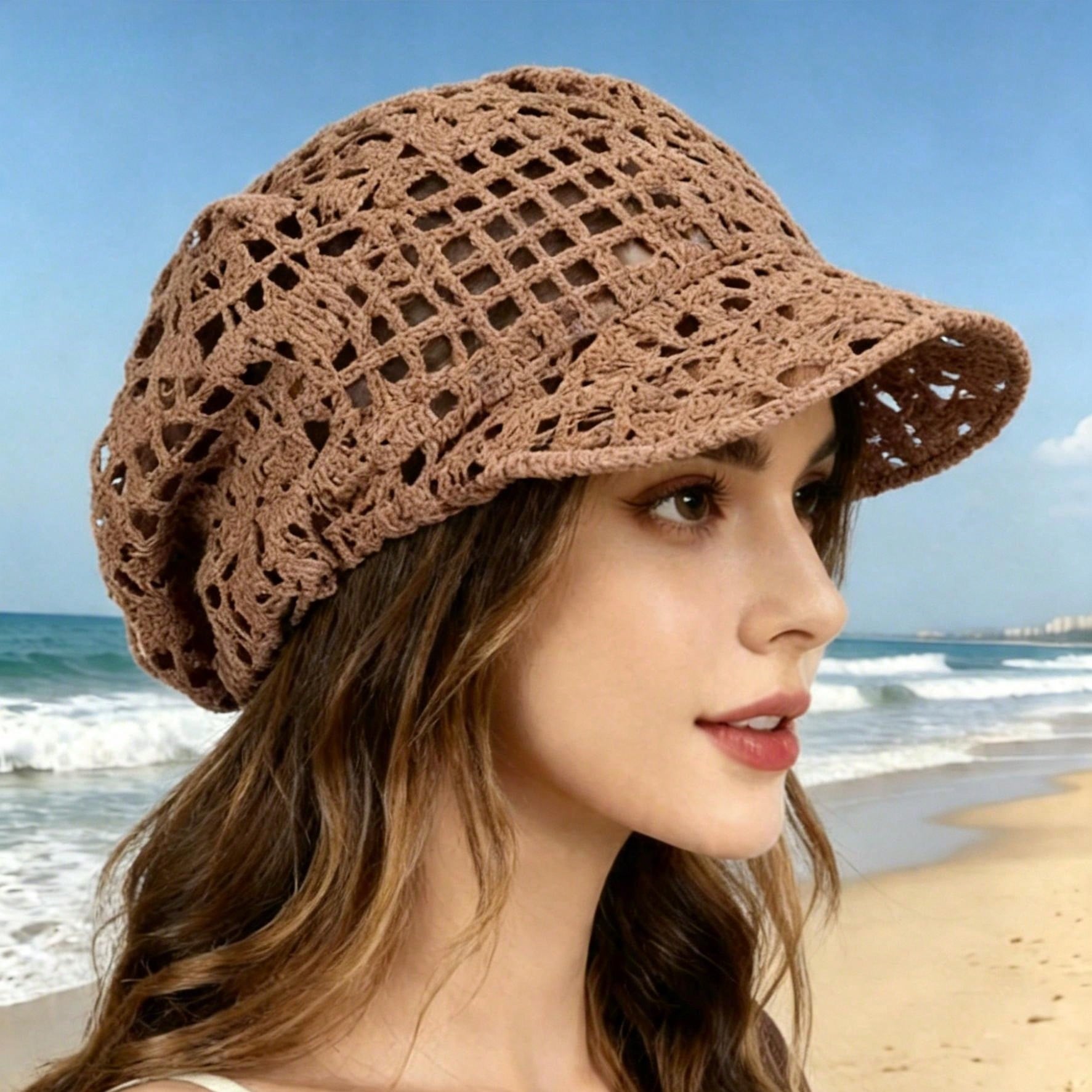 Sommer Häkel Netz Fischerhut Sonnenschutzmütze mit Ultra Atmungsaktivem Lochmuster Design, Outdoor Reise Sonnenhut lavendel