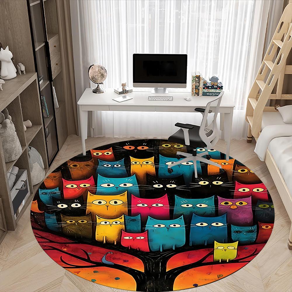 1pc Colorful Cats Office Round Area Rug, Indoor Mat Suitable ForOffice, Under Office Chairs Bedroom Living Room Home Decor, D125