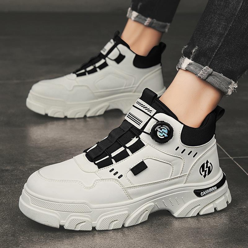 High-top Men's Shoes Leather Martin Boots Men's Autumn and Winter 2024 New Tooling Locomotive Shoes Men's Rotating Button Trendy Shoes
