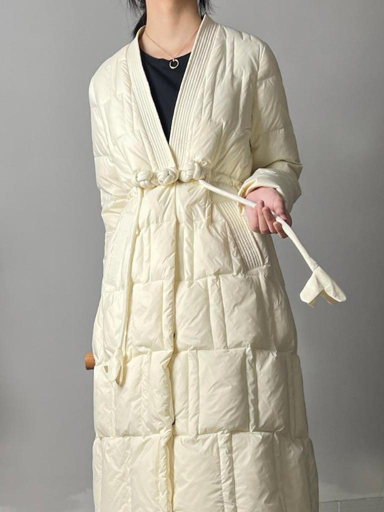 Kongmi Winter 2023 Damen Schlankmachende V-Ausschnitt A-Linien Lange Daunenjacke