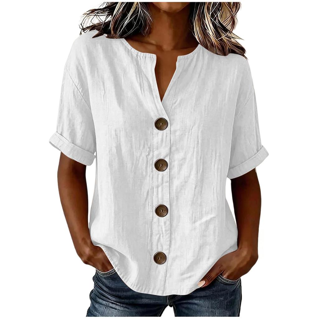 Women'S Elegant V Neck Short Sleeve Button Down Cotton Linen Blouse, Solid Color Summer Office Casual Top