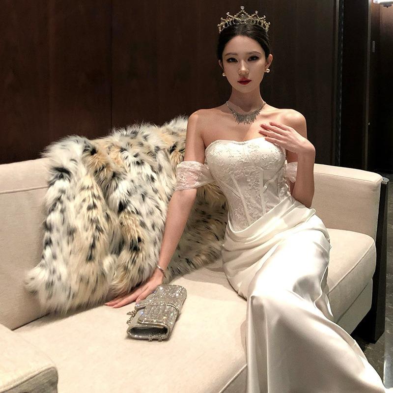 

French Haute Sexy Shoulder Tub Top Dress Femininity Birthday Evening Dress Hip Wrap Skirt S белый