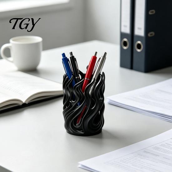 Desk Pen Organizer Flame Shape Holder, 3D Printed Hollow Pencil Cup, Modern Home Office Decor Decorative Desktop for Makeup Brush, Office, School