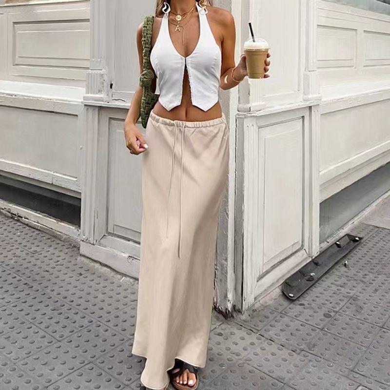

European and American New Summer Fashion Sexy Slim fit Satin Skirt Lace up Slim Fitting Skirt Khaki L