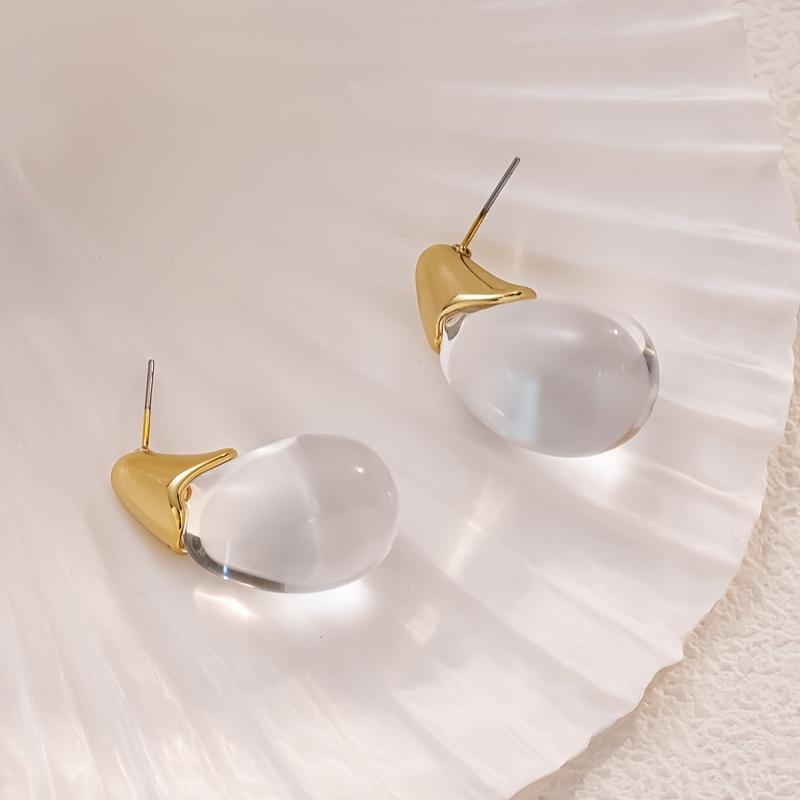 1 Pair Elegant Transparent Teardrop Earrings - Minimalist Chic Dangle Drops, KC Golden Plated for Women, Everyday & Party Jewelry