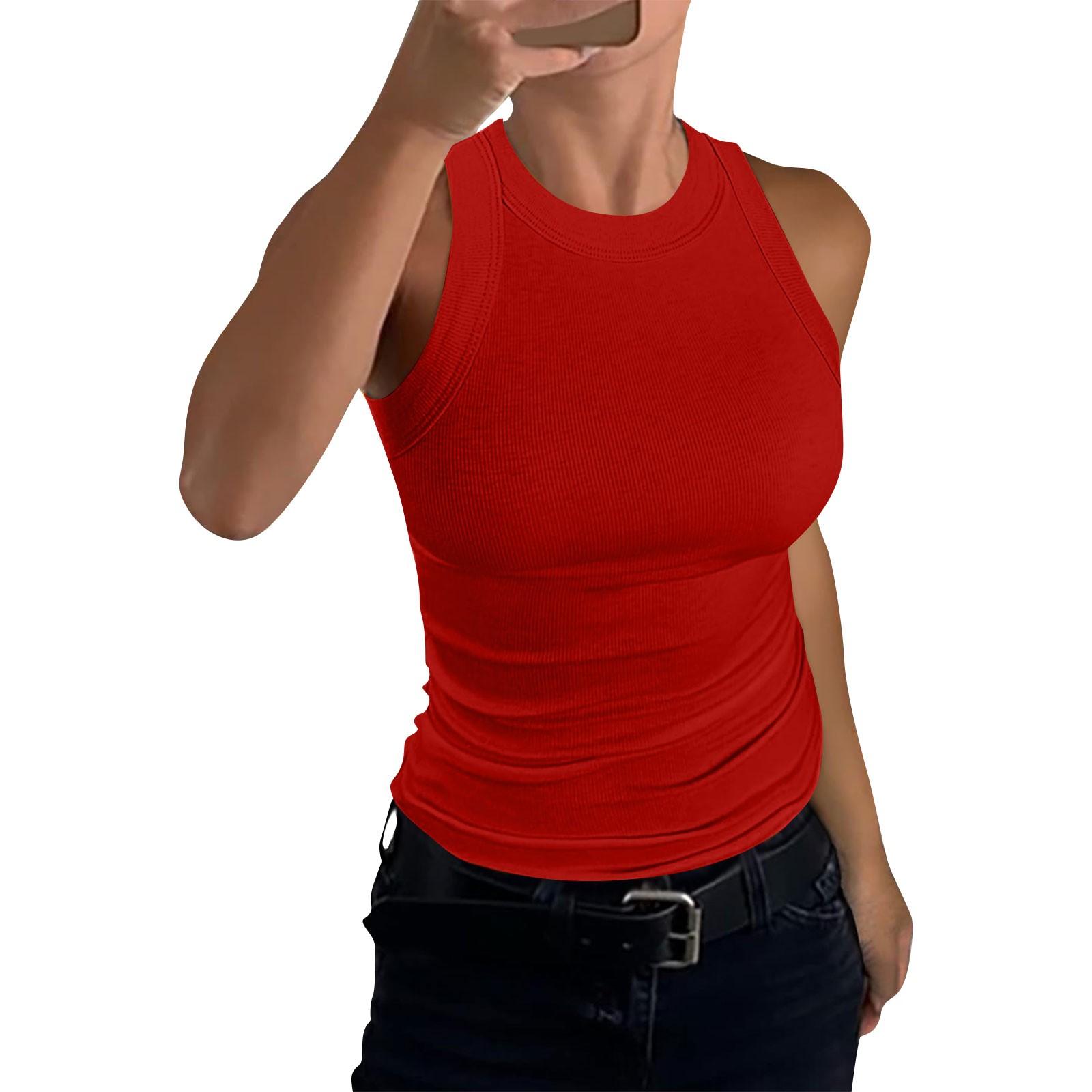 

Женская летняя мода, повседневный однотонный топ без рукавов с круглым вырезом, узкая майка S красный