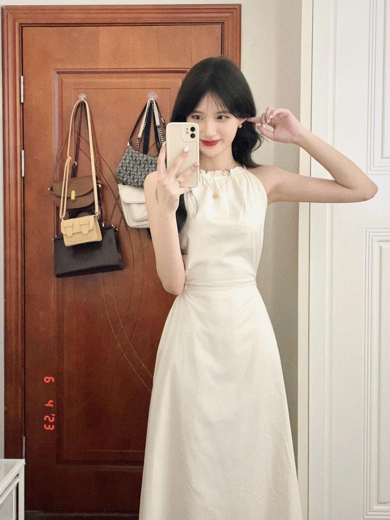 Elegant French Niche Backless Halter Strap Hollow Sleeveless Tie Long Dress