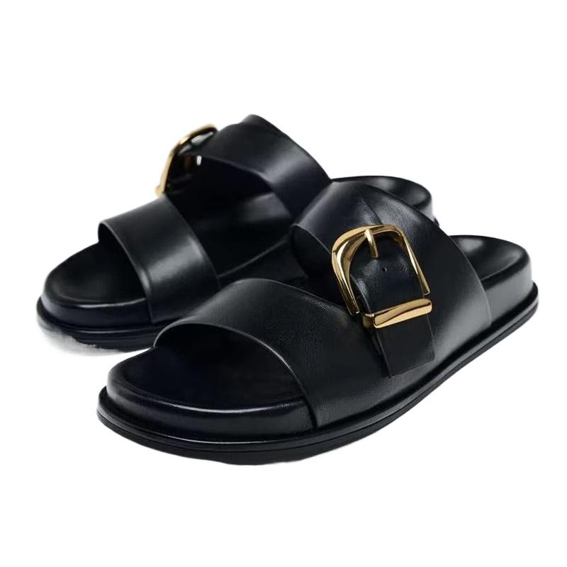 Fashion Black Pu Metal Buckle Brand Flat Sandals Women Fashion Broadband Open Toe Thick Bottom Slippers Comfort Soft Sole Beach Sandals