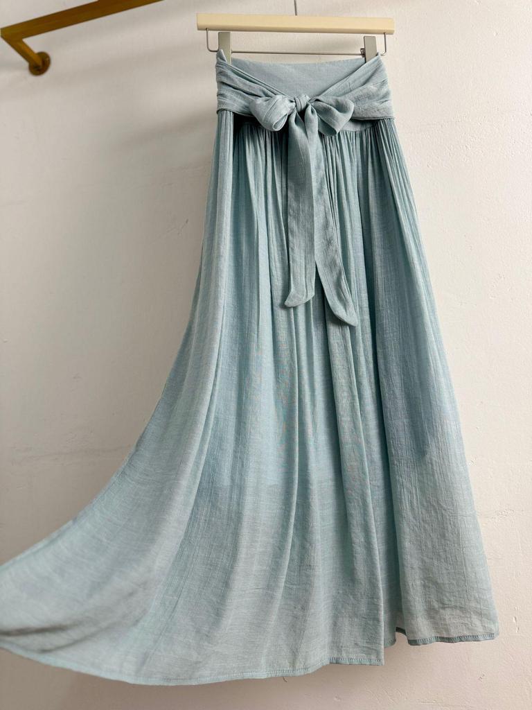 Damen Midi-Rock im Strandstil aus Baumwoll-Leinen mit Schnürung, A-Linie, mit Aquarell-Design