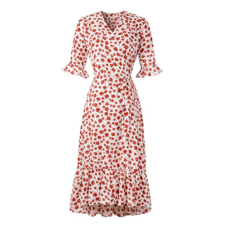 Summer Women Chiffon Wrap Dress V Neck Short Sleeve Long Print Dresses Ruffled Hem Sizes S XXL