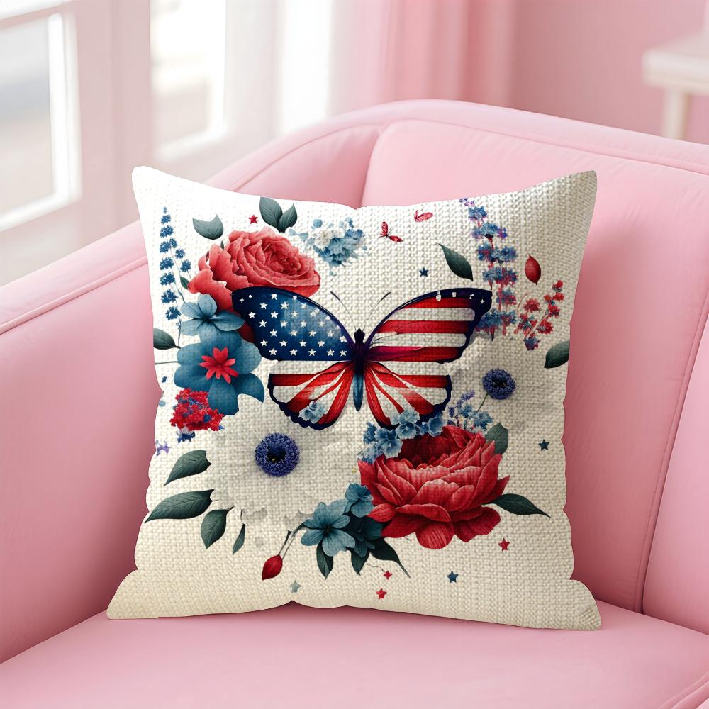 American Flag Butterfly Cushion Cover Natural Linen Pillow Case Double-Sided Print Decorative Sofa Pillowcase Home Decor Gift