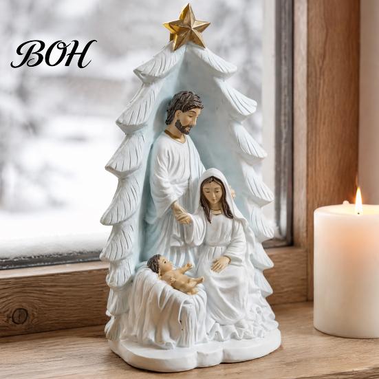 Gold Star Nativity Decor for Desk Holy Family Statue, Christmas Tree Resin Ornament, Hand-Painted Figurine Home Religious Tabletop Altar & Fireplace