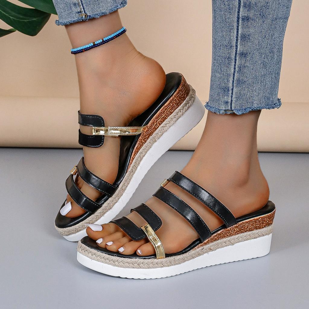 Summer Casual Color Blocking Sandals For Women Dressy Comfortable Soft Leather  Thick Soled Slope Woven Straw Sandals