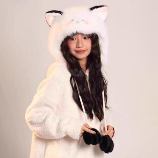 Women Hat Knitted Windproof Warm Winter Lei Feng Hat Cartoon Cat Shape Elastic Solid Color Thermal Cap