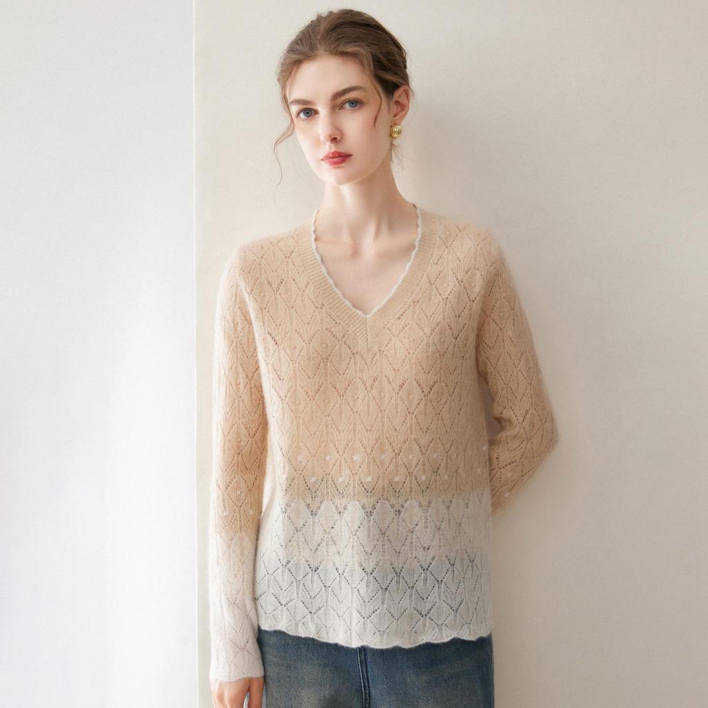 Kang Sai Ni 2026 Lurex Sequin Cashmere Lace Sweater - Autumn/Winter 7-Gauge Hollow Out Color Block Knitwear