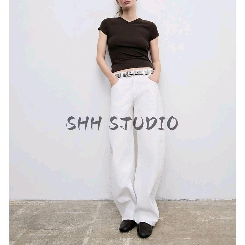 Spring New Women's Clothing French Style Casual Multi-Color Cotton Blend V Neck Silm Straight-leg T-shirt 5644170