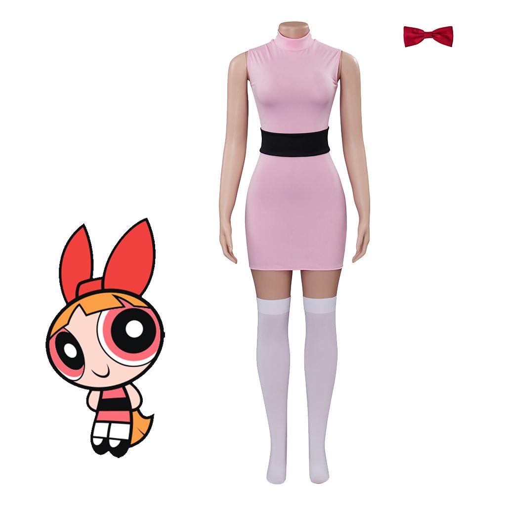 Dames Powerpuff Cosplay Meisjes Kostuum Jurk Set Blossom Boterbloem Bellen Kostuum Jurk Met Riem Set Halloween Verkleedkostuum S gray