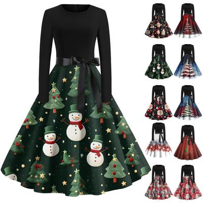 Women's Vintage Classic Dress Long Sleeve Christmas Print Round Neck Swing Dress