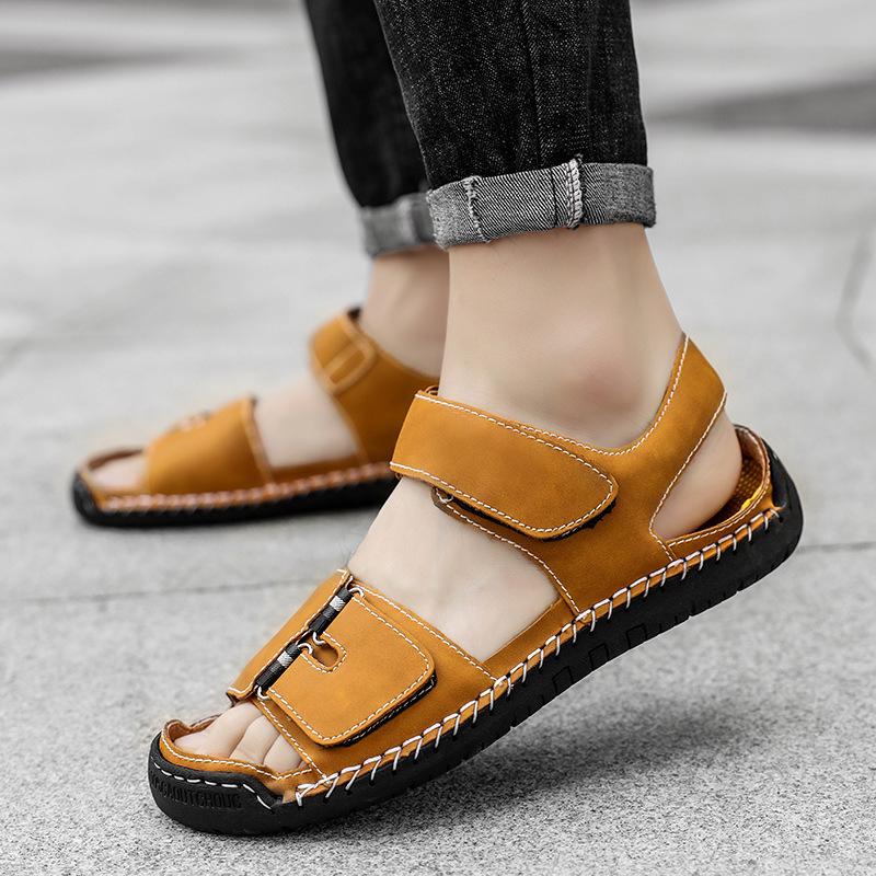 Men s Genuine Leather Cross-Strap Sandals, Size 48, Trendy Wide-Foot Beach Casual Slides 38