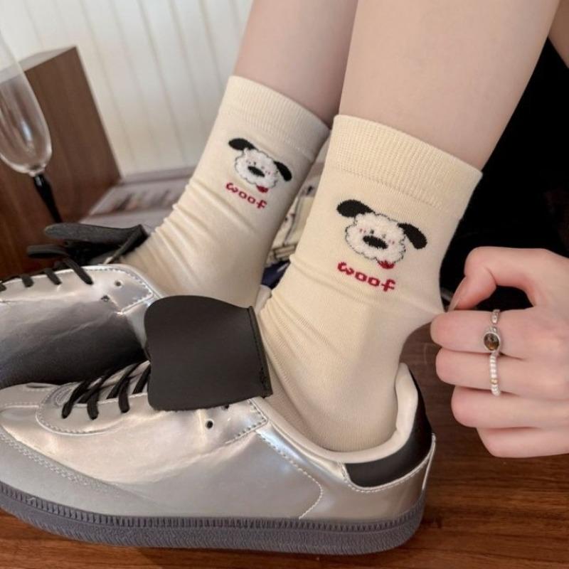 Cute Embroidered Cartoon Flocked Striped Color-blocking Puppy School Style Tubular Women's Socks Boneless Pure Cotton Pile Socks for Autumn and Winter