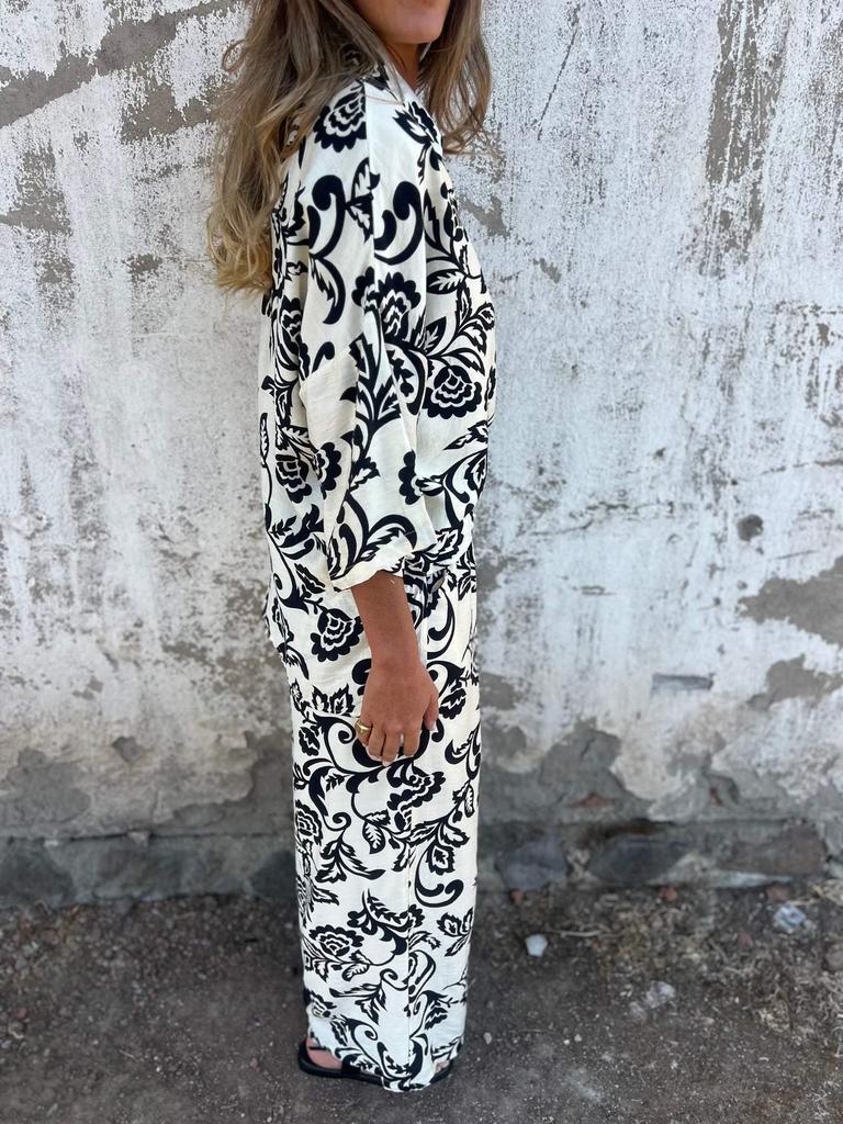 Women's Printed Two-Piece Set: Casual Shirt and Long Pants