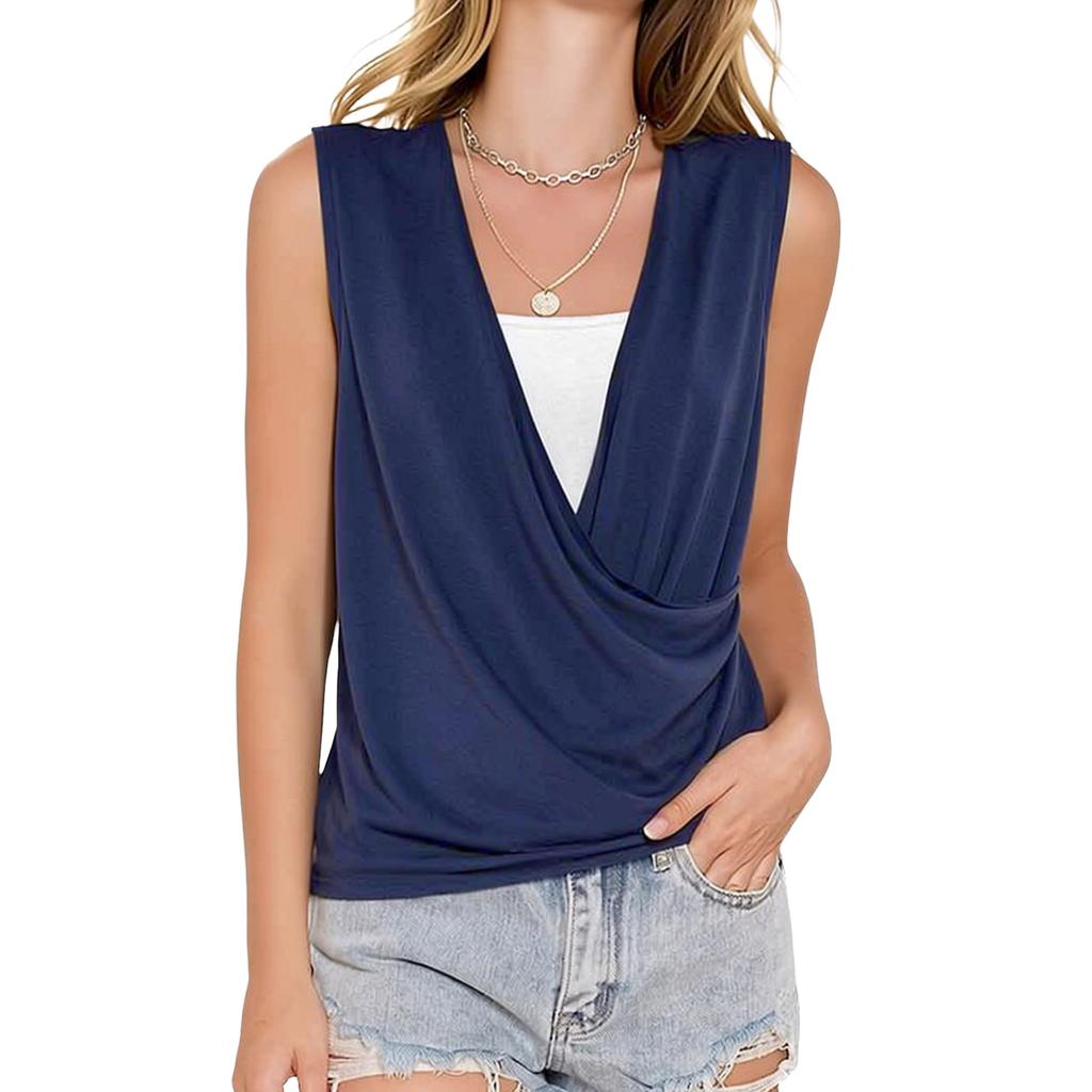 Women's Sleeveless Flattering Wrap Blouse with Hem for Casual Summer Wear