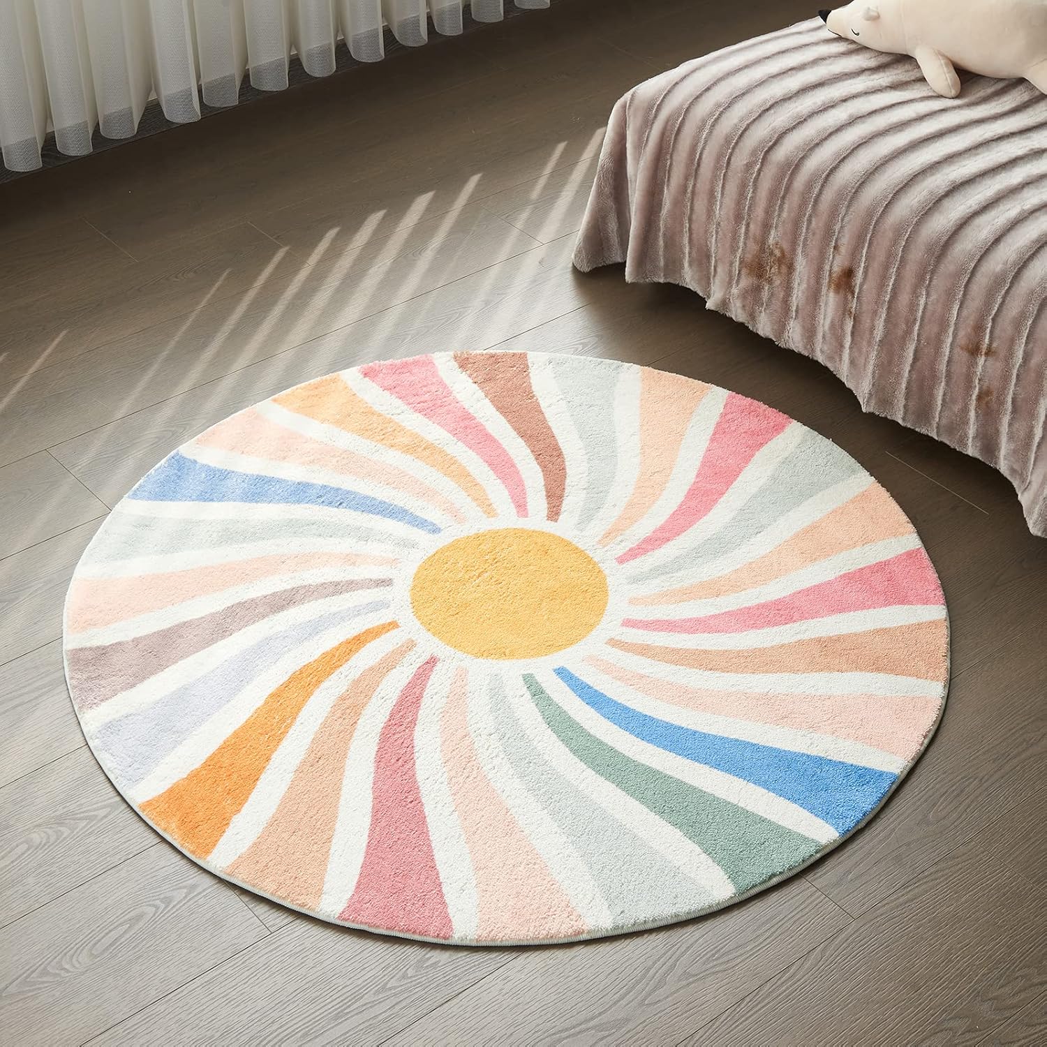 

Boho Sun and Rainbow Round Rug – Soft Washable Non-Slip Carpet for Playroom Bedroom Nursery Decor 60cm