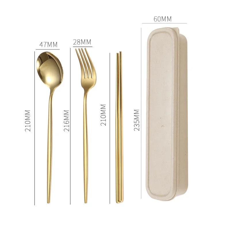 3-teiliges/Set Besteck mit Boxhalter Geschirr Löffel Gabel Essstäbchen Set Reise-Tischbesteck Edelstahl Reisebesteckset Utensilienetui